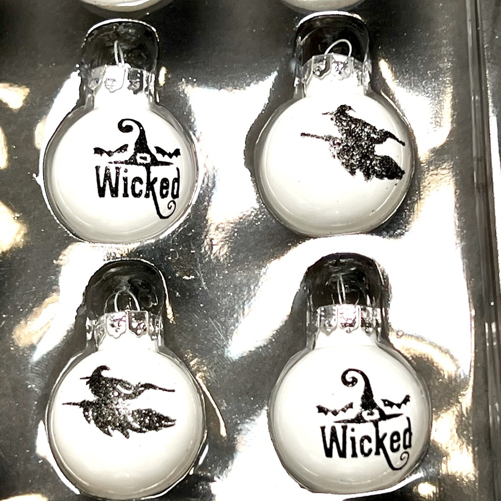 20 Mini Halloween White Black Wicked Glass Ball Ornaments Witch Hat Bats Glitter
